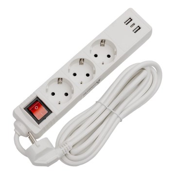 Verlängerungskabel mit Schalter, 3x Steckdose + 2x USB-A + 1x USB-C, 3 m, SCHUKO, weiß