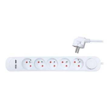 Verlängerungskabel mit Schalter 5-fach + 2x USB, 3 m, weiß