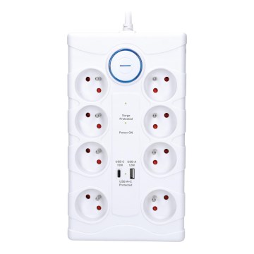 Verlängerungskabel mit Schalter und Überspannungsschutz, 8-fach, Typ E + 1x USB-A + 1x USB-C, 2 m, weiß