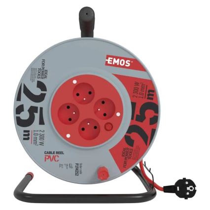 Verlängerungskabeltrommel mit 4 Steckdosen 25m grau/rot