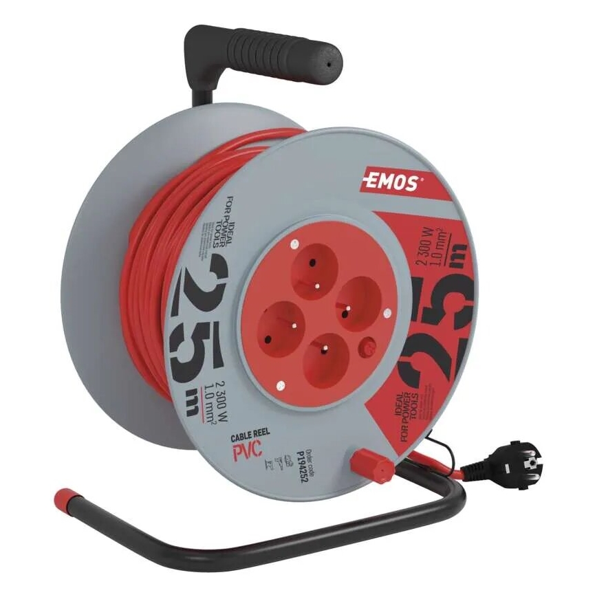 Verlängerungskabeltrommel mit 4 Steckdosen 25m grau/rot