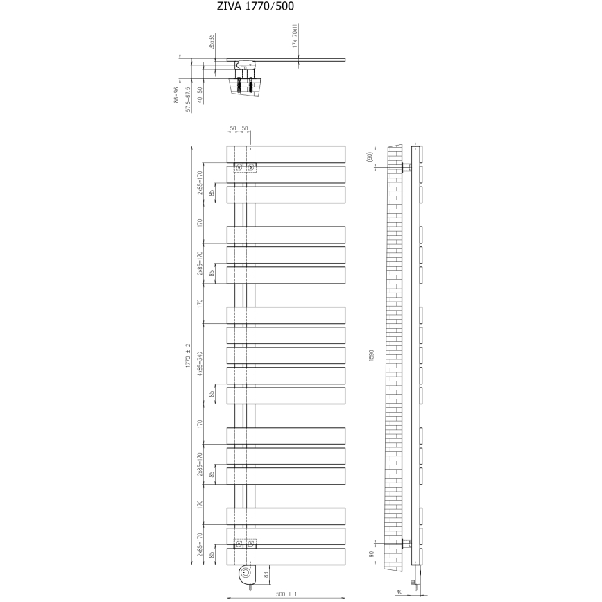 Vertaduro - ZIVA Badezimmerheizkörper mit Thermostat 800 W 177 x 50 cm taupe