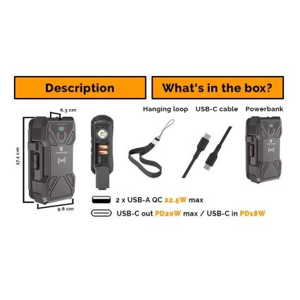 Viking - Powerbank mit LED-Taschenlampe, kabellosem Laden und Solarpanel, Power Delivery 22,5W/30000 mAh