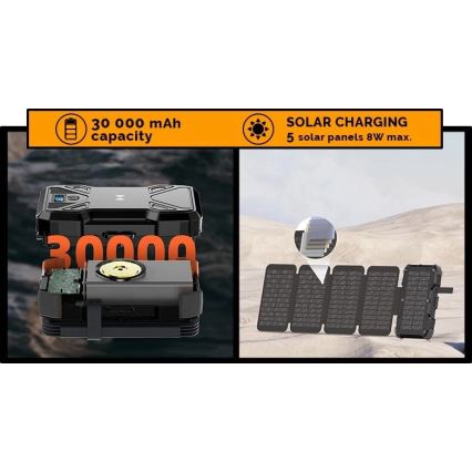 Viking - Powerbank mit LED-Taschenlampe, kabellosem Laden und Solarpanel, Power Delivery 22,5W/30000 mAh