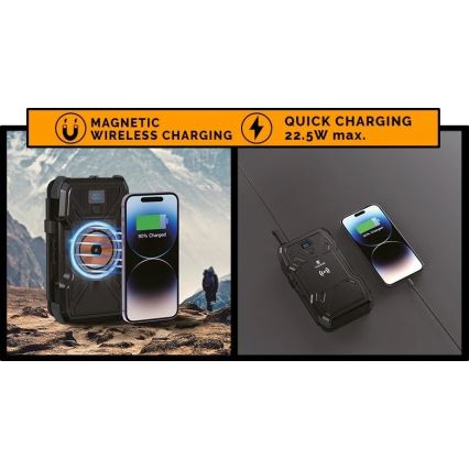 Viking - Powerbank mit LED-Taschenlampe, kabellosem Laden und Solarpanel, Power Delivery 22,5W/30000 mAh