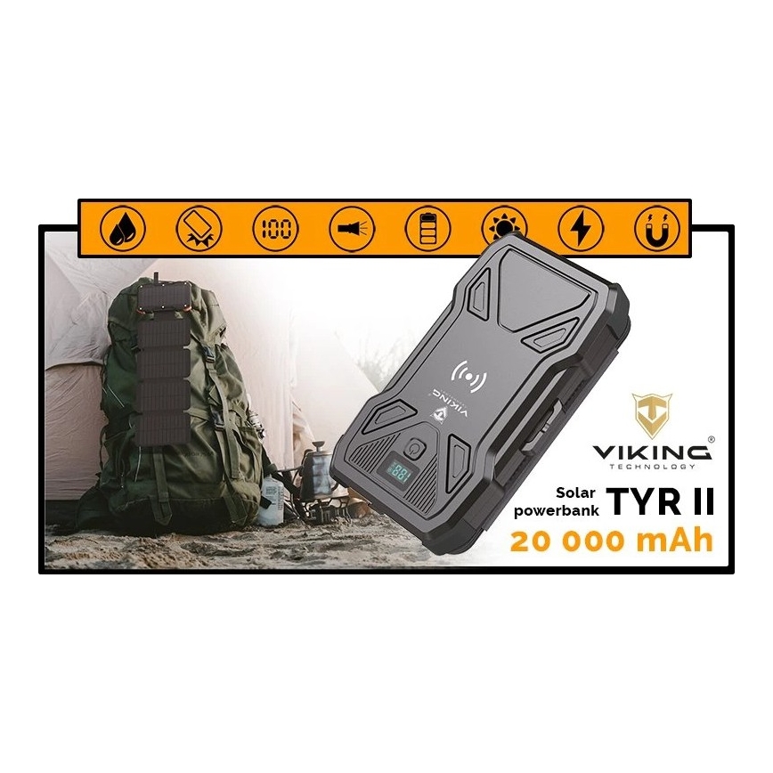 Viking - Powerbank mit integrierter LED-Taschenlampe, kabelloser Ladefunktion und Solarpanel, Power Delivery 22,5 W / 20000 mAh