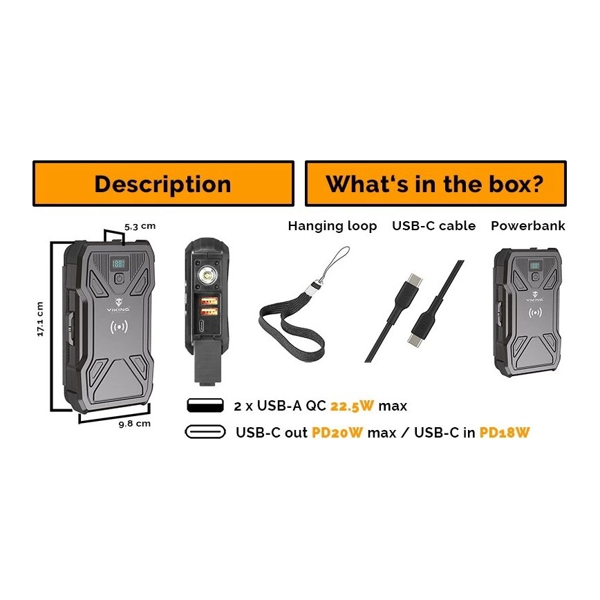 Viking - Powerbank mit integrierter LED-Taschenlampe, kabelloser Ladefunktion und Solarpanel, Power Delivery 22,5 W / 20000 mAh