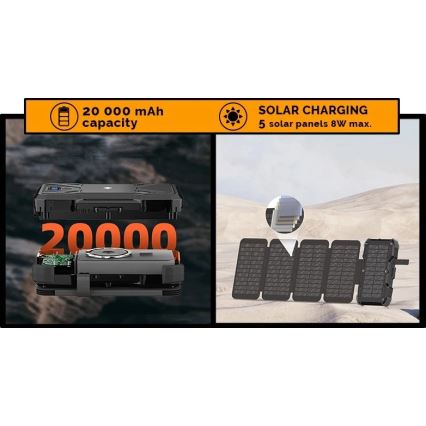 Viking - Powerbank mit integrierter LED-Taschenlampe, kabelloser Ladefunktion und Solarpanel, Power Delivery 22,5 W / 20000 mAh