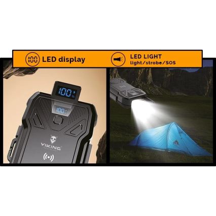 Viking - Powerbank mit integrierter LED-Taschenlampe, kabelloser Ladefunktion und Solarpanel, Power Delivery 22,5 W / 20000 mAh
