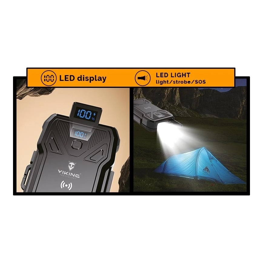 Viking - Powerbank mit integrierter LED-Taschenlampe, kabelloser Ladefunktion und Solarpanel, Power Delivery 22,5 W / 20000 mAh