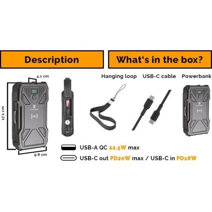 Viking - Powerbank mit LED-Taschenlampe, kabellosem Laden und Solarpanel, Power Delivery 22,5 W / 10.000 mAh