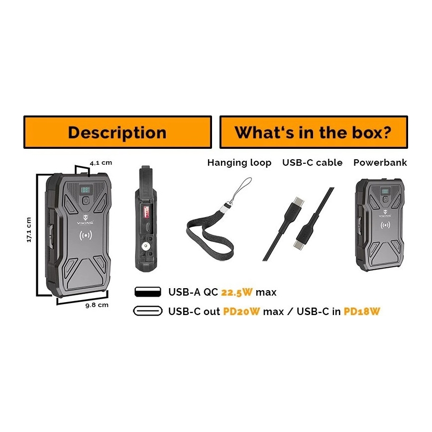 Viking - Powerbank mit LED-Taschenlampe, kabellosem Laden und Solarpanel, Power Delivery 22,5 W / 10.000 mAh