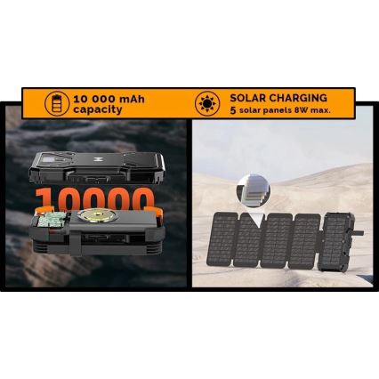 Viking - Powerbank mit LED-Taschenlampe, kabellosem Laden und Solarpanel, Power Delivery 22,5 W / 10.000 mAh