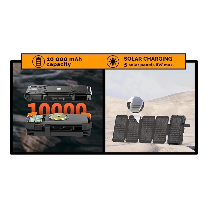 Viking - Powerbank mit LED-Taschenlampe, kabellosem Laden und Solarpanel, Power Delivery 22,5 W / 10.000 mAh