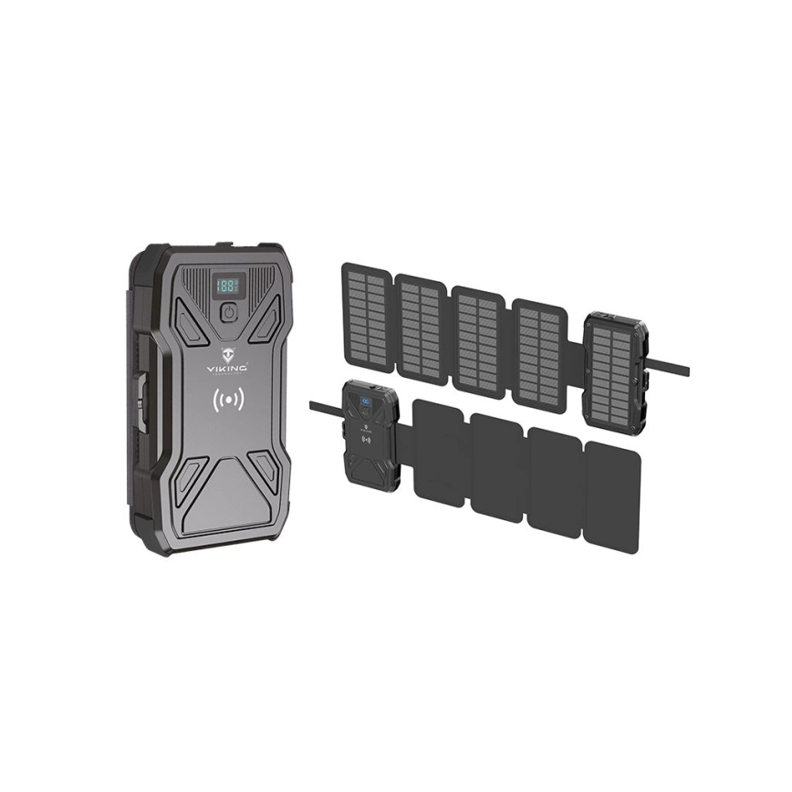 Viking - Powerbank mit LED-Taschenlampe, kabellosem Laden und Solarpanel, Power Delivery 22,5 W / 10.000 mAh