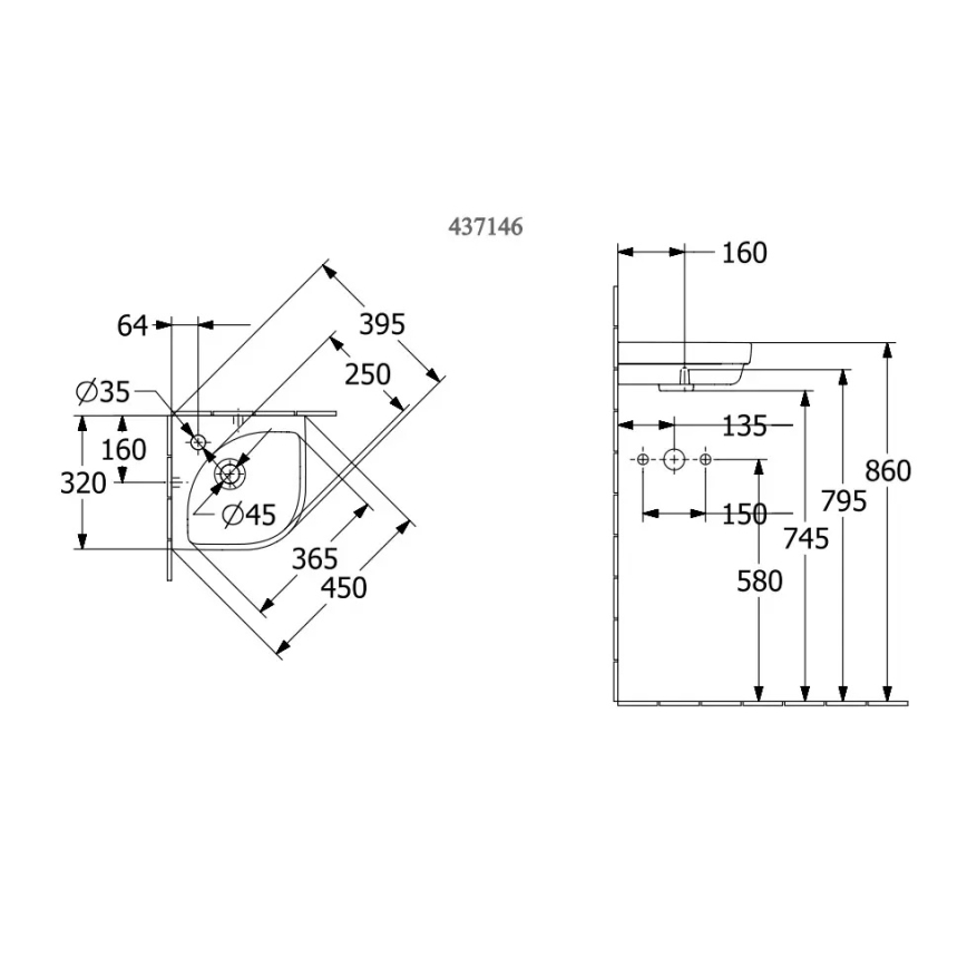 Villeroy & Boch 43714601 - Eck-Wandwaschbecken SUBWAY 3.0 32x32 cm Keramik/weiß