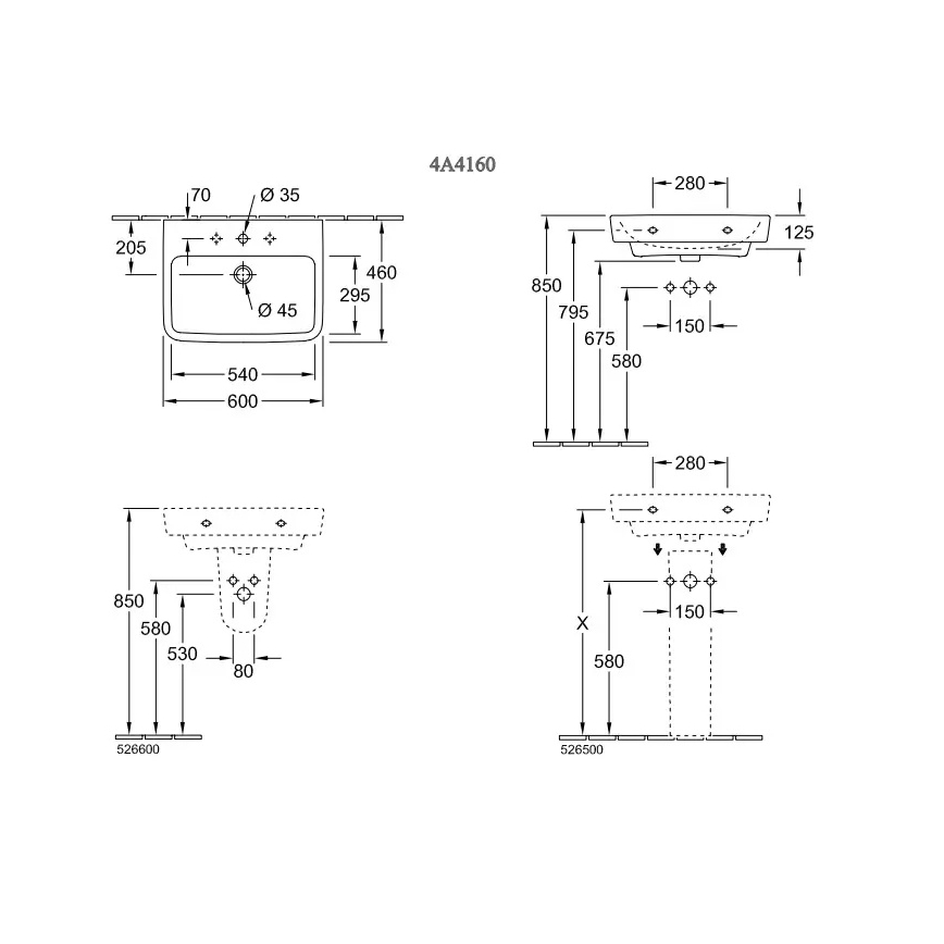 Villeroy & Boch 4A416001 - Wandhängendes Waschbecken O.NOVO 60x46 cm Keramik/weiß
