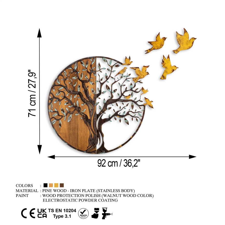 Wanddekoration 92x71 cm Baum und Vögel Holz/Metall