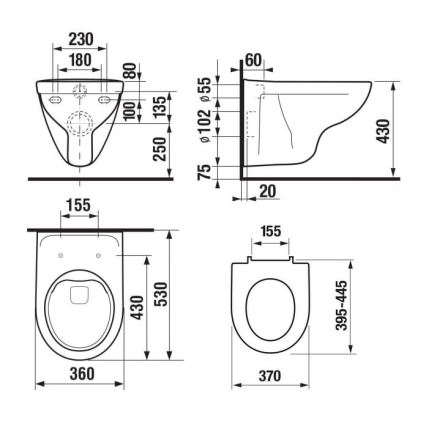 Wandhängendes randloses WC LYRA + WC-Sitz SoftClose LYRA + Spültaste DUAL + Unterputzmodul + Isolierunterlage