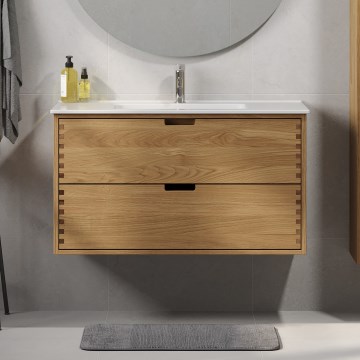Waschbeckenunterschrank mit Waschbecken GRIBSKOV 100 cm Beige/Eiche/Weiß