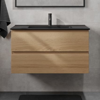 Waschtischunterschrank mit Waschbecken KENWOOD 91 cm Eiche/Schwarz