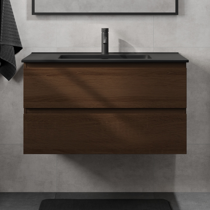 Waschtischunterschrank mit Waschbecken KENWOOD, 91 cm, Nussbaum/Schwarz