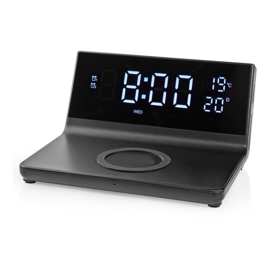 Wecker mit LCD-Anzeige und kabellosem Ladegerät 15W/230V + 1xCR2032 schwarz