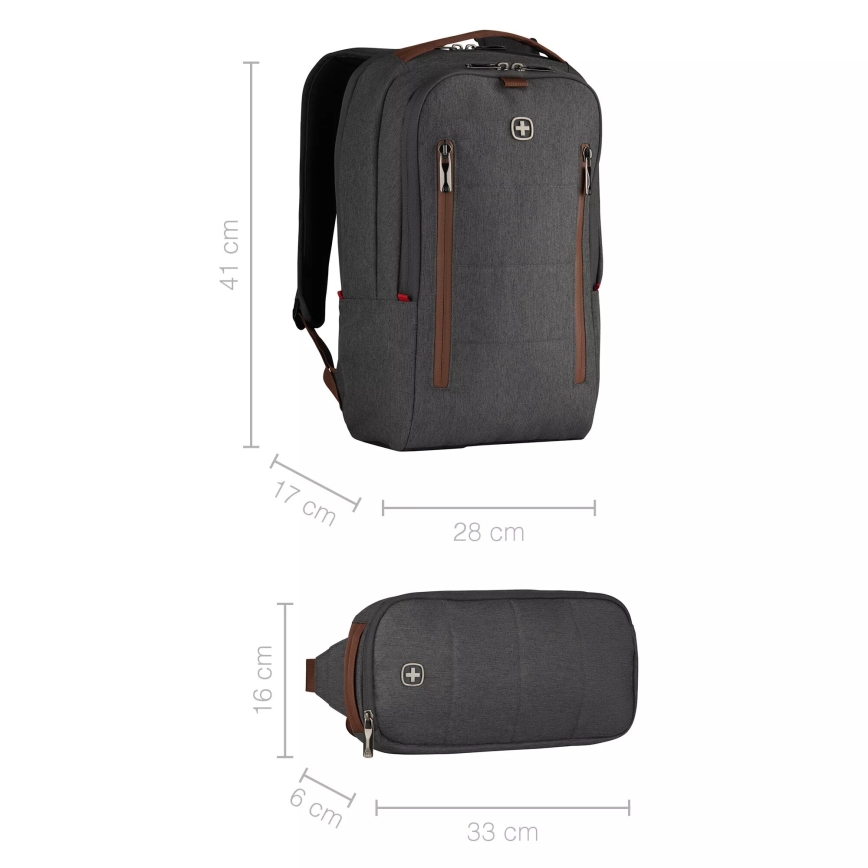 Wenger - Rucksack für 15 l 16 Laptop mit Fach für 12 Tablet + City Upgrade 2in1 Crossbody-Tasche grau