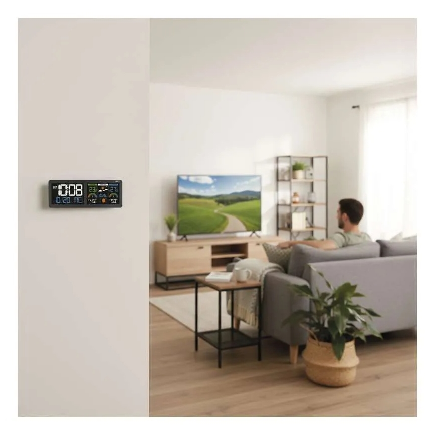 Wetterstation mit farbigem LCD-Display und Wecker 5V 3xAAA + 2xAA schwarz