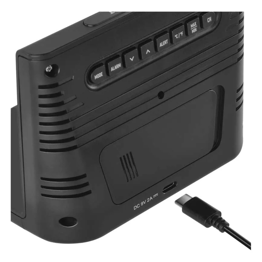 Wetterstation mit kabelloser Ladefunktion, 5V, 2×AA + 2×AAA, schwarz