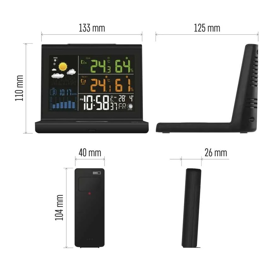Wetterstation mit kabelloser Ladefunktion, 5V, 2×AA + 2×AAA, schwarz