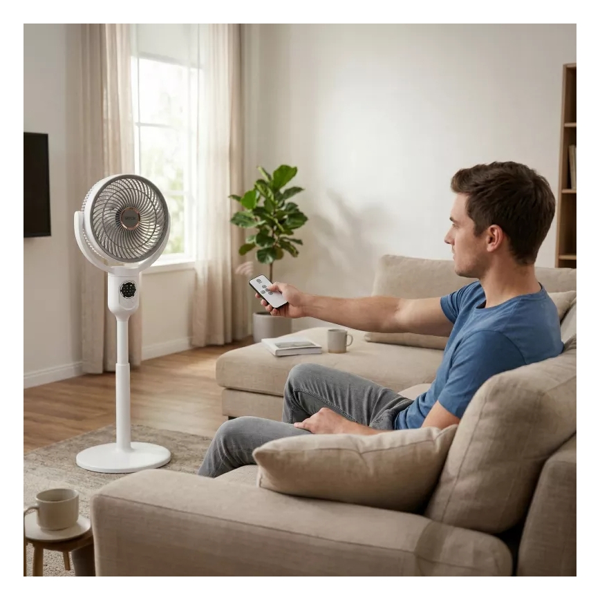 LED Wiederaufladbarer Standventilator mit LED-Beleuchtung LED/4,8W/5V USB 7200 mAh weiß + Fernbedienung