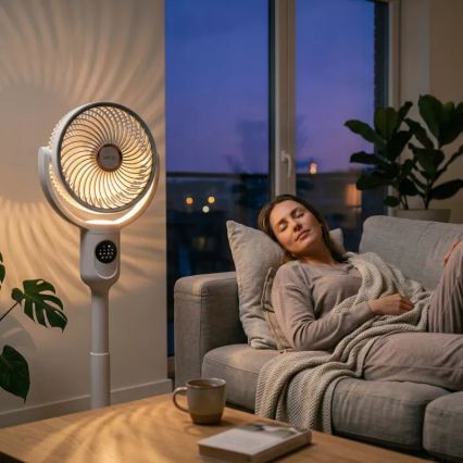 LED Wiederaufladbarer Standventilator mit LED-Beleuchtung LED/4,8W/5V USB 7200 mAh weiß + Fernbedienung
