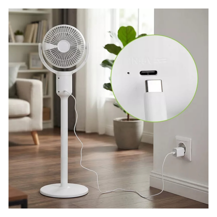 LED Wiederaufladbarer Standventilator mit LED-Beleuchtung LED/4,8W/5V USB 7200 mAh weiß + Fernbedienung