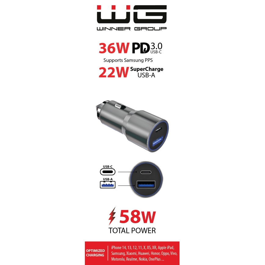 Winner Group - Autoladegerät 1xUSB-C + 1xUSB-A Power Delivery 58,5W silbern