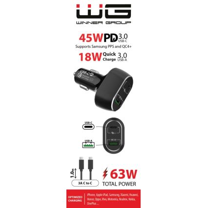 Winner Group - Autoladegerät 1xUSB-C + 1xUSB-A Power Delivery 63W + USB-Kabel USB-C / USB-C 1 m schwarz