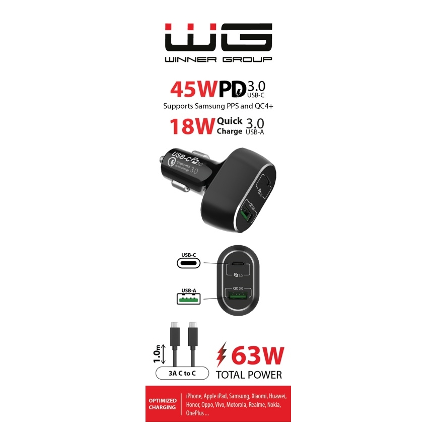 Winner Group - Autoladegerät 1xUSB-C + 1xUSB-A Power Delivery 63W + USB-Kabel USB-C / USB-C 1 m schwarz