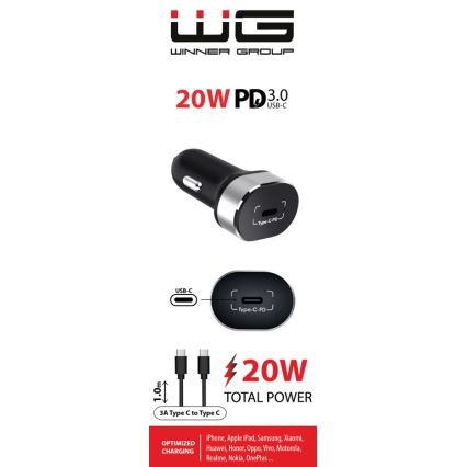 Winner Group - Autoladegerät 1xUSB-C Power Delivery 20W + USB-Kabel USB-C / USB-C 1 m schwarz
