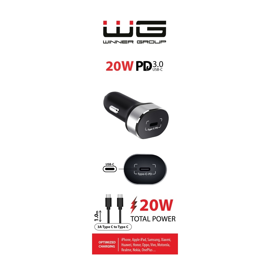 Winner Group - Autoladegerät 1xUSB-C Power Delivery 20W + USB-Kabel USB-C / USB-C 1 m schwarz