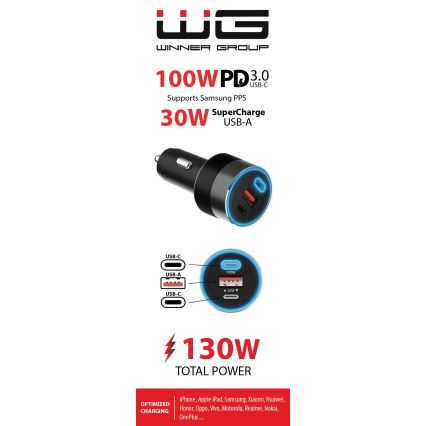 Winner Group - Autoladegerät 2xUSB-C + 1xUSB-A Power Delivery 130W schwarz