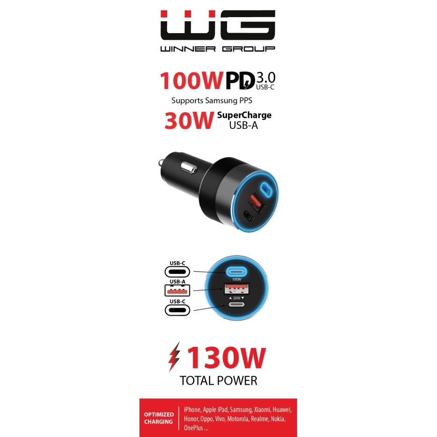 Winner Group - Autoladegerät 2xUSB-C + 1xUSB-A Power Delivery 130W schwarz