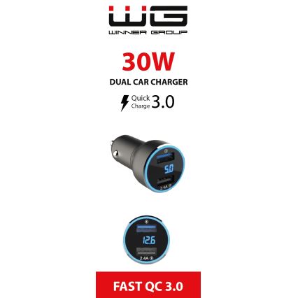 Winner Group - Autoladegerät mit Anzeige 2xUSB-A Power Delivery 30W schwarz