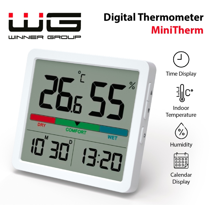 Winner Group - Digitales Thermometer mit LCD-Anzeige und Luftfeuchtigkeitsmesser 2xCR2032 weiß