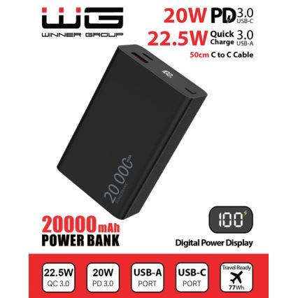 Winner Group - Powerbank mit Display 20000 mAh 20W Power Delivery schwarz
