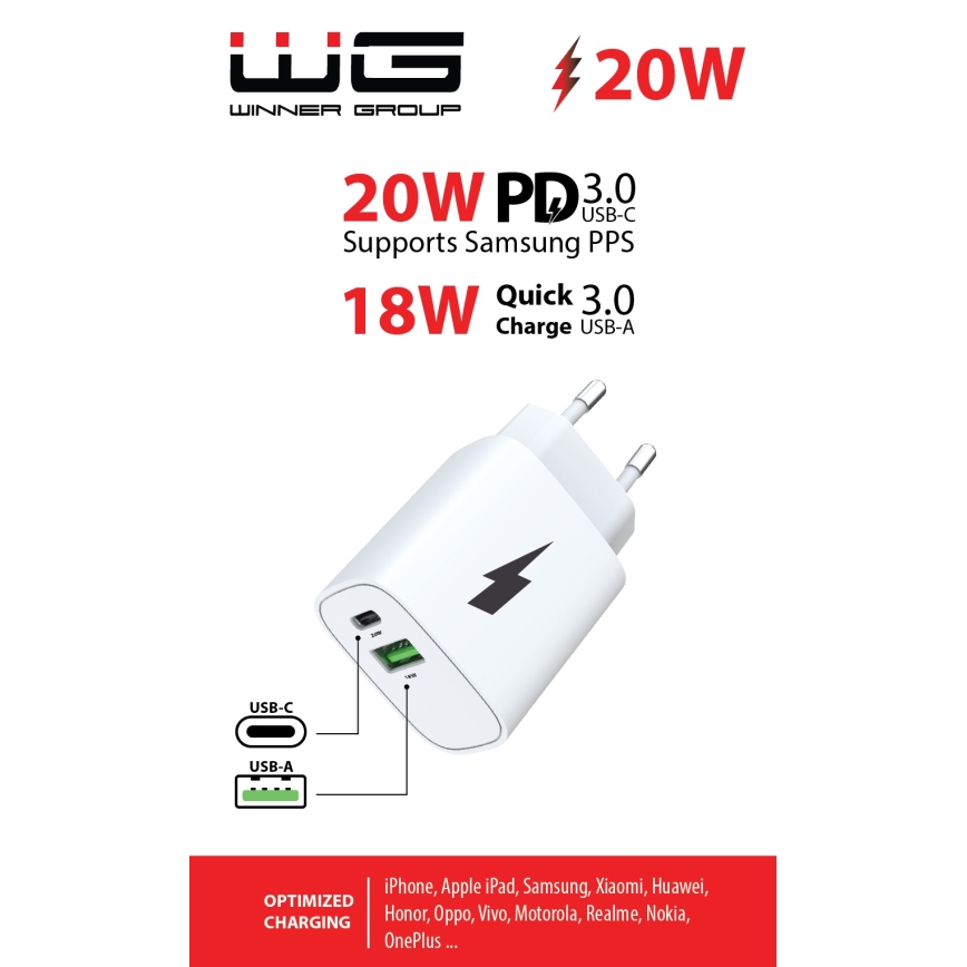 Winner Group - Schnellladeadapter 1xUSB-C + 1xUSB-A, Power Delivery 20 W, weiß