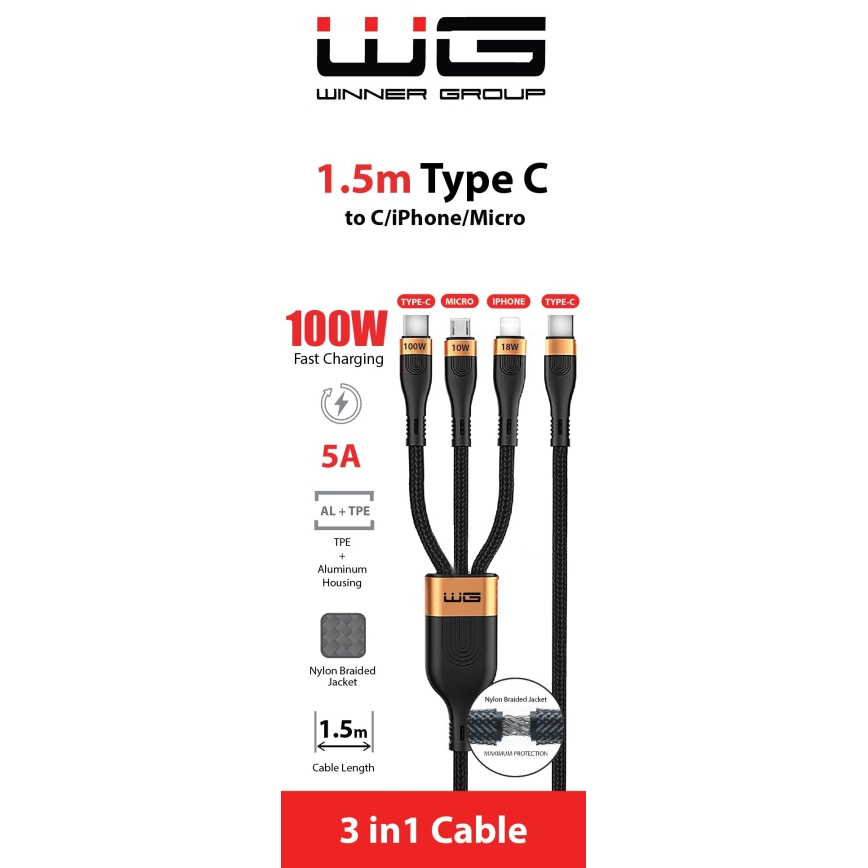 Winner Group - USB-Kabel 3in1 USB-C / Lightning, USB-C und Micro USB 100W 1,5m schwarz