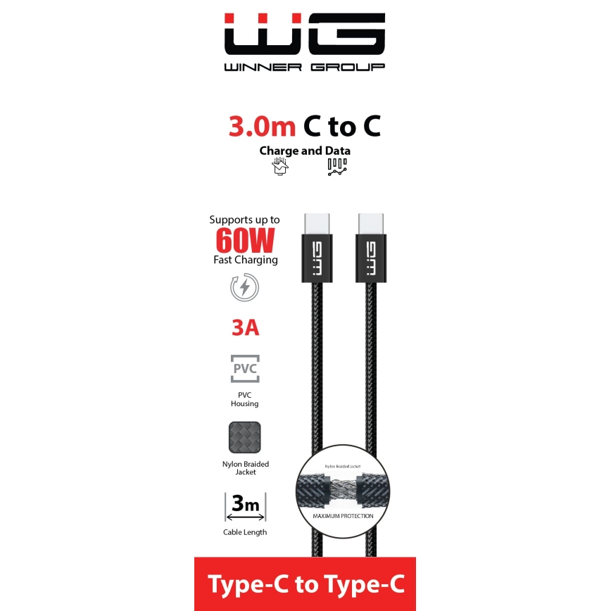 Winner Group - USB-Kabel USB-C / USB-C 60W 3m schwarz