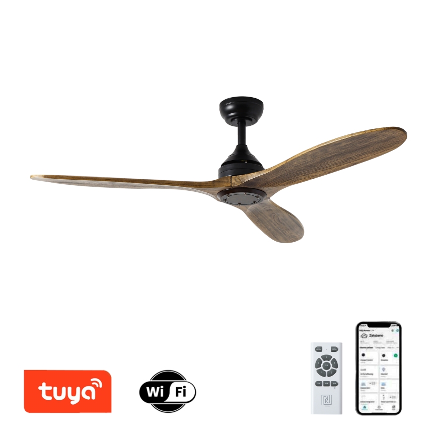 ZEVENTI - Deckenventilator LAURIA Wi-Fi Tuya schwarz/Eiche + Fernbedienung