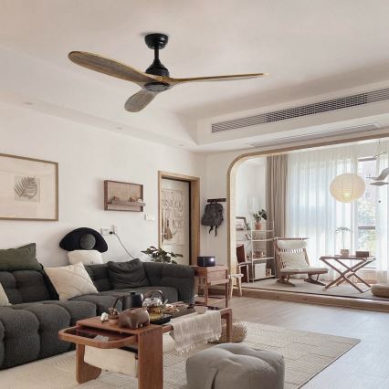 ZEVENTI - Deckenventilator LAURIA Wi-Fi Tuya schwarz/Eiche + Fernbedienung