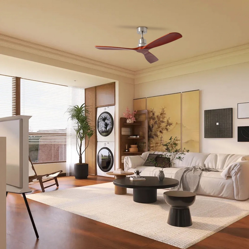 ZEVENTI - Deckenventilator LIONI Wi-Fi Tuya matt Chrom/Eiche + Fernbedienung